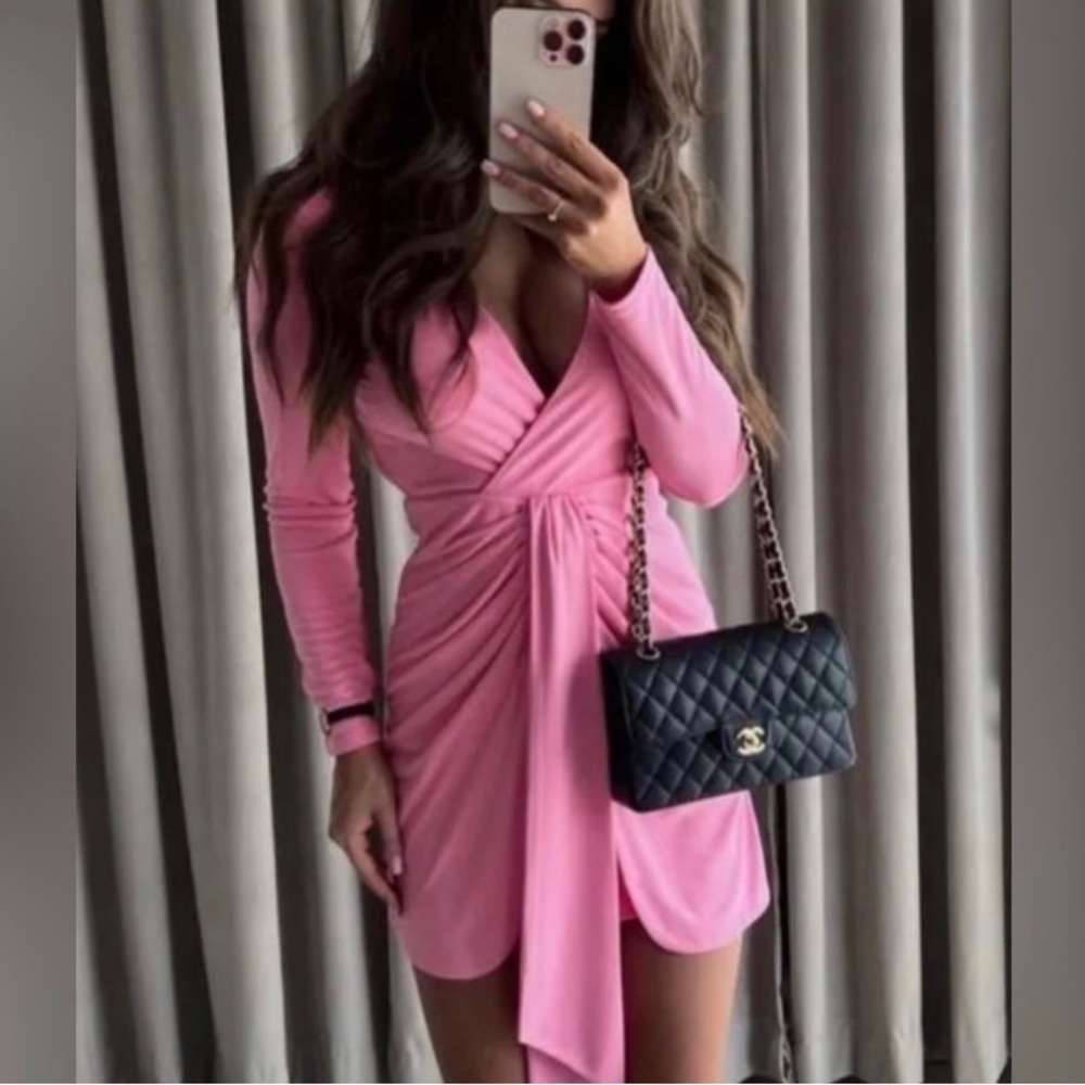 Zara Pink Long-Sleeve Wrap Mini Dress